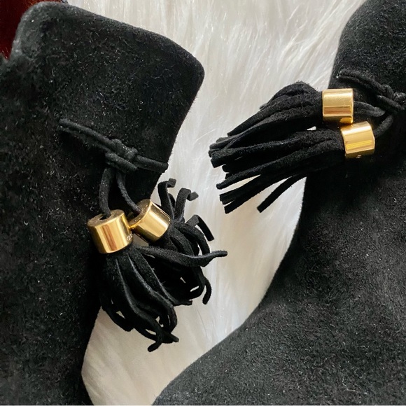 ‼️DROP‼️ GUCCI Black Booties Suede tassel fringe & Gold embellished zipper boots - Picture 11 of 15